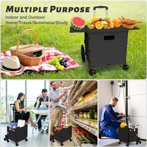 Foldable Utility Cart Collapsible Portable Crate Rolling Carts with Stair Climbing Wheels Tote Basket with Magnetic Lid Telescopic Cover Wear-Resistant 360°Rotate Wheel Noiseless for Shopping Office - Image 5