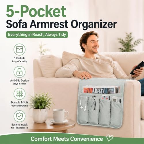Armchair Caddy for Recliner, Non Slip Sofa Arm Organizer, Sage Gray - Image 4