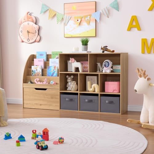 Fatmok 2 Pack Kids Bookcase, 58.5 Inch Wooden Storage Organizer with Reading Nook, Front Facing Book Rack, 5 Cubbies & Detachable Toy Bins, Storage Cabinet for Playroom, Nursery, Kids Bedroom - Image 7