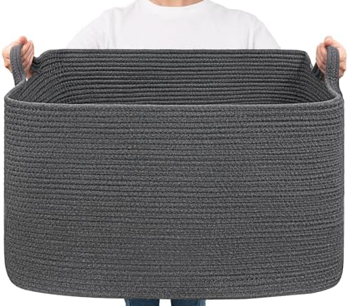 Goodpick 85L Large Woven Rope Blanket Basket, Rectangle, Dark Gray by Goodpick
