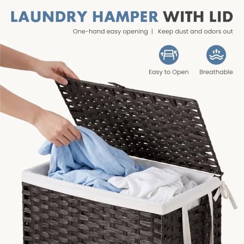 DUMOS Laundry Basket with Lid, 110L Wicker Laundry Hampers, Chestnut Brown - Image 2