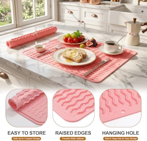 2 Pack Silicone Dish Drying Mat for Kitchen Counter Cooking Baking Liners Drawer Refrigerator Espresso Machine Station Utensil Holder Washer Trivets Oven Chef Gifts Large 18"x16" Pink - Image 2