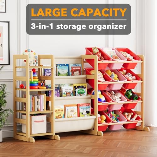 SpaceAid 3-in-1 Toy Storage Organizer with 4 Shelves and 12 Bins, Toy Organizers Storage 3-Tier Bookshelf, Kids Bin Shelf Box Bookcase for Bedroom Playroom Organization Room Decor, Red and Pink - Image 2