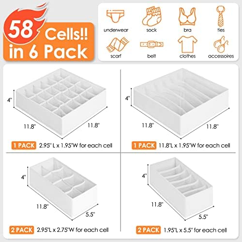 6 Pack Sock Underwear Drawer Organizer Dividers, 58 Cell Foldable Fabric Dresser Closet Organizers and Storage Bins for Clothing, Baby Clothes, Bra, Panty, Scarf, Ties (White) - Image 4