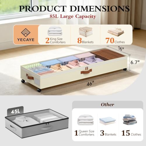 Yecaye 85 L Under Bed Storage with Wheels, 2 Pack Under Bed Storage Containers with Adjustable Dividers & Lids, Large Rolling Underbed Organizer Bins Drawers for Clothes, Shoes, Blankets Toys, Beige - Image 2