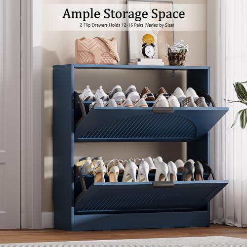 Fluted Shoe Storage Cabinet for Entryway, 2 Flip Drawers, Blue - Image 3