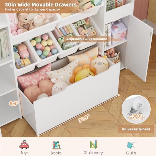 55'' Toy Storage Organizer & Kids Bookshelf with Large Wood Toy Chest,White - Image 4
