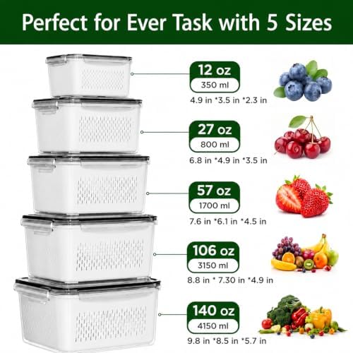 5 Pack Fruit Storage Containers for Fridge with Removable Colanders，5 in 1 Produce Storage Containers with Lids, Leakproof Fridge Organizer Bins for Salad Berry Lettuce Vegetables Meat Keeper Fresh - Image 3