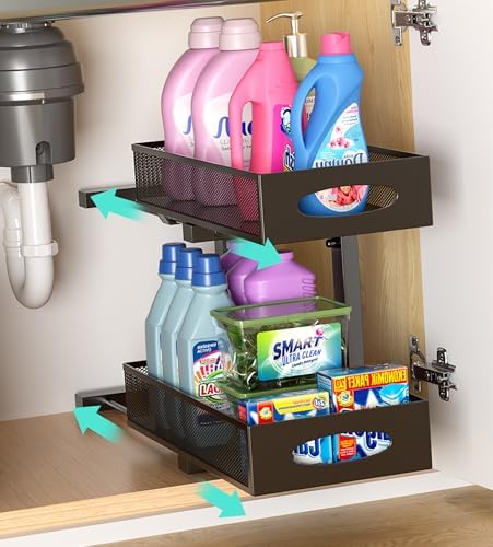 Under Sink Organizer, 1-Pack of 2-Tier Metal Slide Out Pull Out Cabinet Organizer Shelf, Height Adjustable Organization and Storage Series, Bathroom/Desktop/Cabinet/Kitchen organization, Black by Beleeb