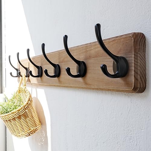 Dseap Wall Mounted Coat Rack: 24" Long, Patented, Heavy-Duty, 6-Double-Hooks Wooden Hanger Rail for Winter Coats, Hat, Jacket, Clothing - Weathered Brown, Pack of 2 - Image 6