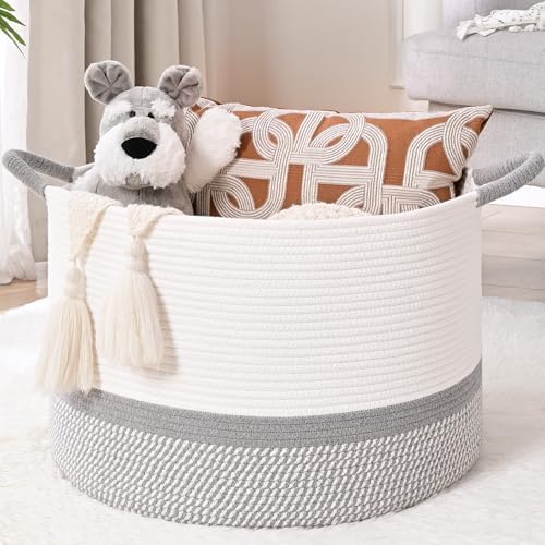 67L Large Blanket Basket, 20"x13" Blanket Basket Living Room, Woven Baskets With Handle, Toy Baskets for Blankets, Nursery, Dog, Pillow, Gift (White & Light Grey) by Degeyoyo