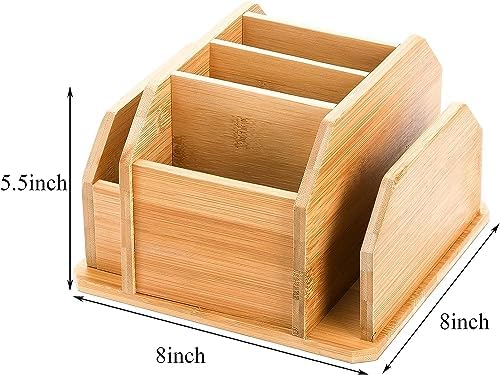 yarlung Bamboo Rotating Remote Control Holder for Table, 7 Compartments Office Supplies Organizer 360° Spinning Desktop Storage Caddy for Pen, Colored Pencil, Book Sewer, Sticky Notes - Image 2