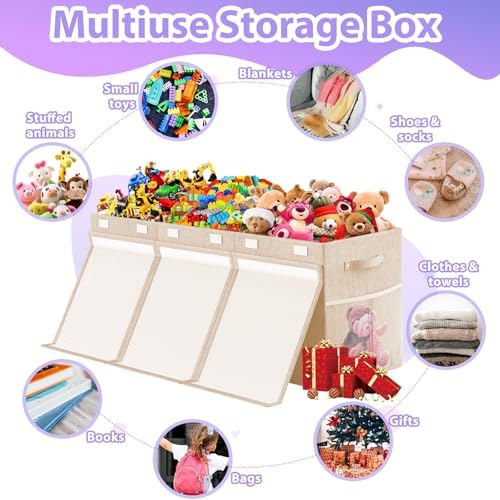 Large Toy Storage Box with Lid, Dividers, Collapsible Kids Toy Chest, Beige - Image 4
