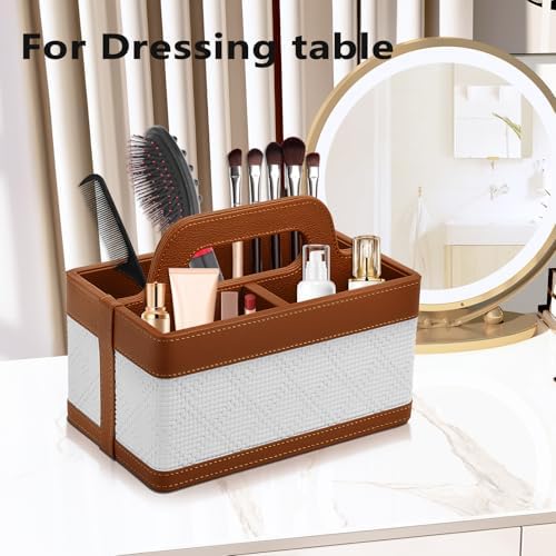 Desk Organizer Caddy with Handle-Portable PU Leather Remote Control Holder-Nightstand Dresser Tote Storage for Sunglasses,Comb,Small iPad,Pen,Heater Controllers,Cosmetics and Office Supplies - Image 4