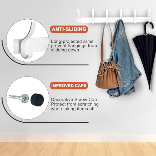 Coat Rack Wall Mounted,6 Coat Hooks for Hanging Coats,Heavy Duty Metal Double Hook Rack Hook Rail,Coat Rack with Hooks,Wall Mount Coat Hanger for Hat Towel Purse Robes (2 Pack White, 6 Hooks) - Image 3