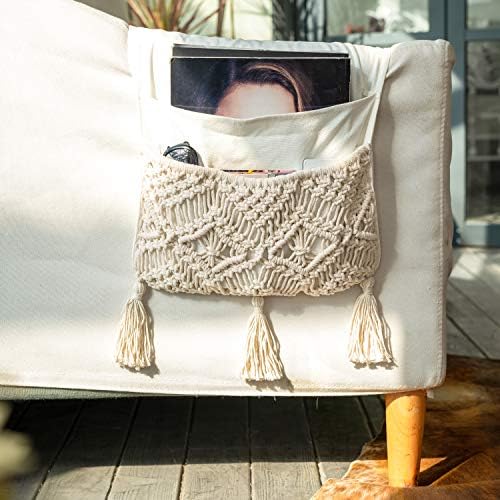 Mkono Macrame Armchair Caddy, Boho Couch Armrest Organizer, 4 Pockets Beige by Mkono