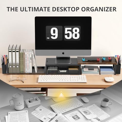 OPNICE Desk Organizers and Accessories, Dual Monitor Stand Riser with Drawer and 2 Pen Holders, Desk Shelf Computer Racks & Printer Stand for Office Workspace Organizers, Desktop Organization (Rustic Brown) - Image 5