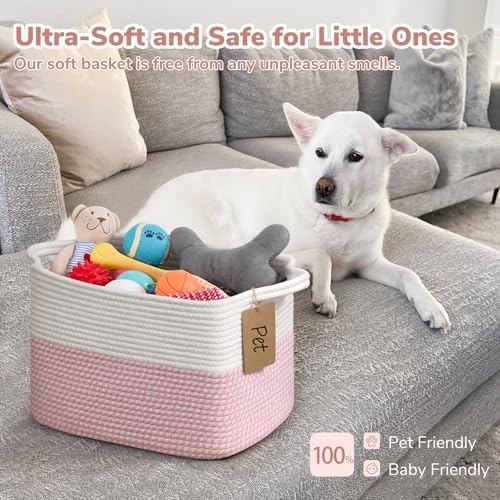 Goodpick Woven Rope Storage Basket for Shelves, Rectangle, Pink & White - Image 5