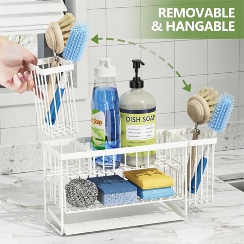Cisily White 2-Tier Kitchen Sink Caddy Organzier Rack with Flexible Dish Brush Holder, Sponge Holder for Kitchen Sink Countertop Organization Storage,Home Decor Accessories - Image 3