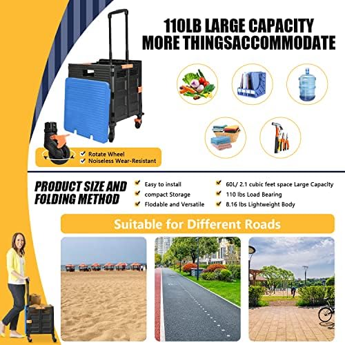 Foldable Utility Cart Collapsible Crate Rolling Carts Handcart Trolley Tool Box Basket 4 360°Noiseless Wheels Lid Telescoping Handle for Shop Grocery Luggage Move Office School Teacher (Blue) - Image 3