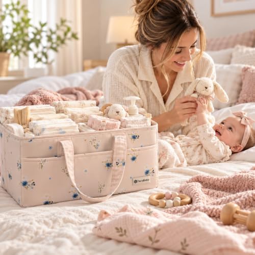 PeraBella Baby Diaper Caddy Organizer, Floral Baby Basket Shower Gift, Nursery Organizer Basket Newborn Boy & Girl Essential Items, Changing Table Organizer Caddy for Baby Stuff, Car Caddy- Pink Bloom - Image 5