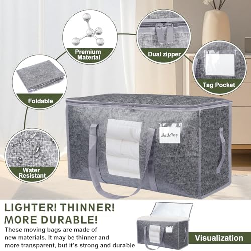 4 Pack Extra Large Moving Bags Heavy Duty 180GSM,130LBS 100L Totes with Visible Window, Zippers & Wrap-Around Handles, Waterproof Reusable, Alt to Moving Boxes, Gray - Image 4