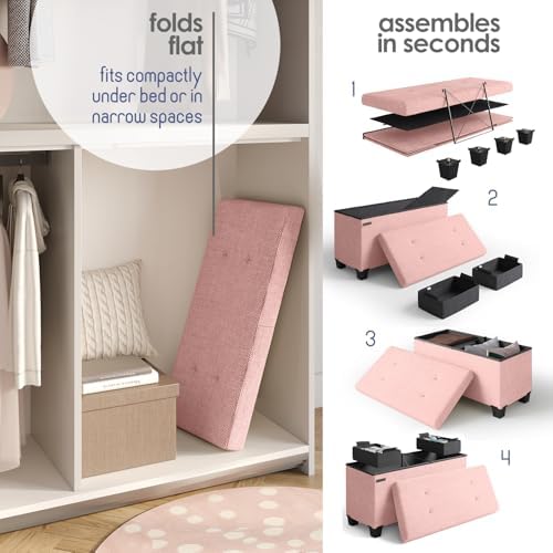 Storage Ottoman Bench with Bins, 30-in Storage Bench for Bedroom End of Bed, Folding Foot Rest Ottoman for Living Room Max 660lbs, Fabric Ottomans, Pink - Image 6