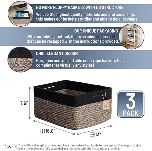 NaturalCozy Storage Baskets 16.8”x13”x7.6” Cotton Rope Woven Baskets for Organizing 3-Pack | Toy Storage Bins | Basket for Shelves, Laundry, Blanket, Clothes, Closet, Kitchen, Bathroom, Gifts - Image 2
