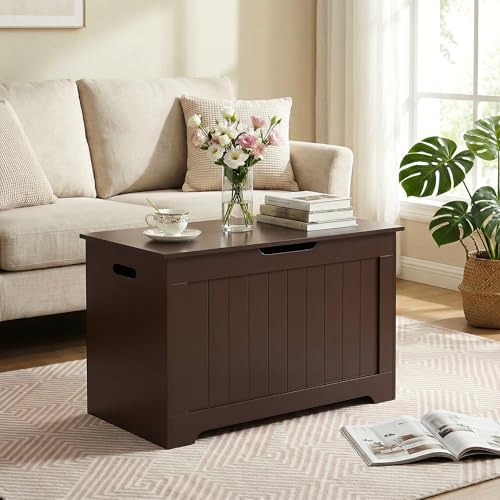 SUPER DEAL Storage Chest, 30 inches Toy Chest Box Organizer with 2 Safety Hinges, Wooden Entryway Storage Bench, Brown - Image 2