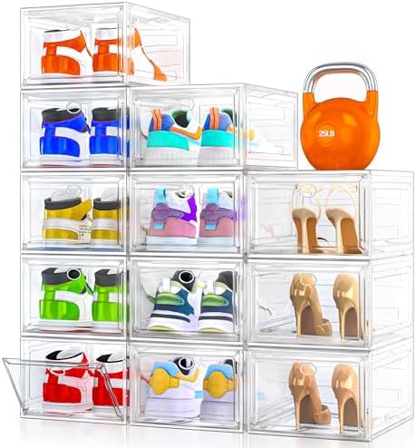 12 Pack Shoe Organizer, Stackable Shoe Storage Boxes with Magnetic Door by 7+code