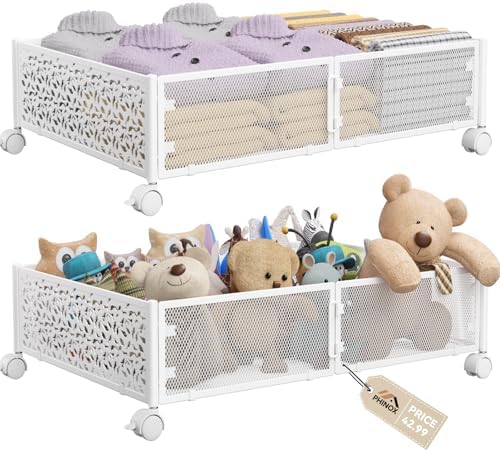 PHINOX Under Bed Storage Container with Wheels,Patterned,Metal,2 Pack,White by PHINOX