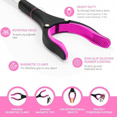 2 Pack 32 inch GrabRunner Reacher Grabber Tool with Strong Magnetic and Swivel Head (New Pink) - Image 2
