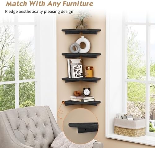 Forbena Black Corner Floating Shelves for Wall Set of 4, Small Rounded Corner Shelves Wall Mount for Bedroom Books, Mini Wood Hanging Corner Shelf for Bathroom Decor, Living Room, Small Spaces - Image 6