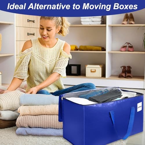 4 Pack XL Heavy Duty Moving Bags with Reinforced Stitching & Smooth Dual Zippers, Large Capacity Storage Totes for Clothes, Closet, Travel & Home Organization, Blue - Image 7