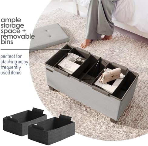 Storage Ottoman Bench with Bins, 30-in Storage Bench for Bedroom End of Bed, Folding Foot Rest Ottoman for Living Room Max 660lbs, Fabric Ottomans, Light Grey - Image 3