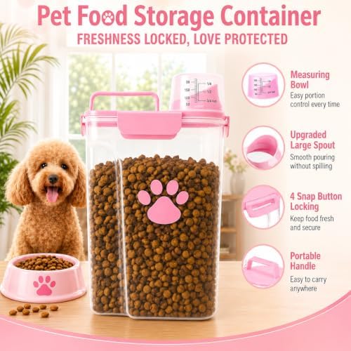 5-7Lbs Airtight Dog Cat Food Storage Container with cleaning brush,Measuring Cup,4 Snap Seals,Portable Pet Food Containers with Upgraded Large Nozzle for Dogs,Cats,Birds,Small Animals(Large-Pink) - Image 3