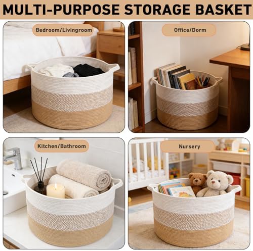 65L Large Blanket Basket, Cotton Rope Woven Laundry Basket-Yellow - Image 6