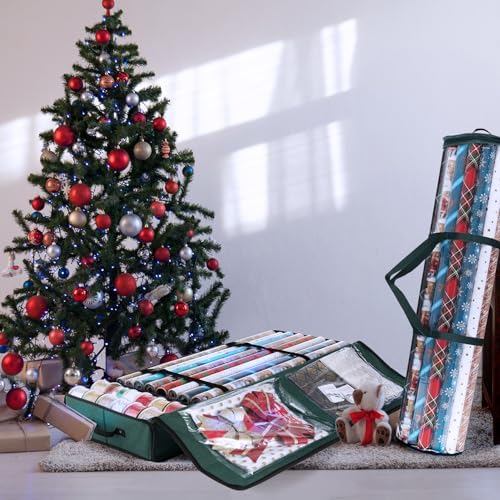 Hearth & Harbor Wrapping Paper Storage Container and Clear Wrap Paper Holder - Christmas Storage Bag with Interior Pockets - Fits Up to 36 Rolls of 40" - Tear Proof, Green - Image 2