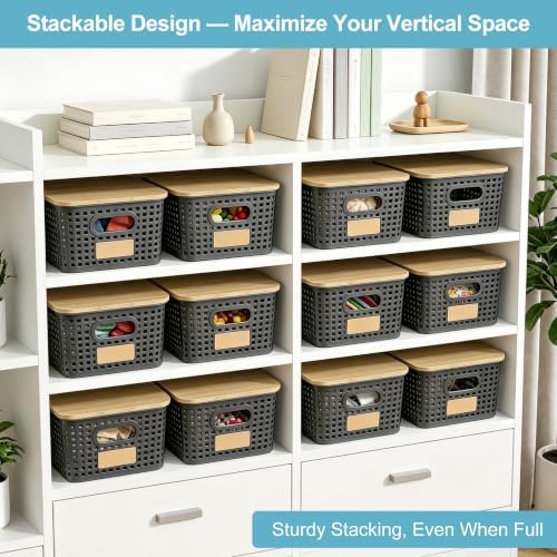 Bagnizer Small Plastic Storage Bins with Bamboo Lids 5.2qt Stackable Box Basket Pantry Decorative Containers Cute with Lable for Organizing Desktop Closet Office Gray of 6 packs 10 * 7.2 * 4.1" - Image 6