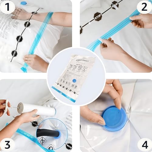 Amazon Basics Vacuum Storage Bags with Hand Pump for Travel, Space Saving Compression Bags for Clothes and Blankets, Clear, 12 Pack (3 Small, 3 Medium, 3 Large & 3 Jumbo) - Image 4