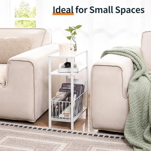 Narrow Side Table with Storage Basket Small End Table for Small Space,White - Image 4