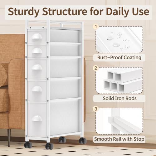 LASZOLA 5 Drawer Narrow Slim Cabinet Skinny Storage Tower Chest, Ideal for Small Spaces, Between Washer and Dryer, Lightweight Mobile on Wheels, Sturdy Fabric Drawers, White - Image 5