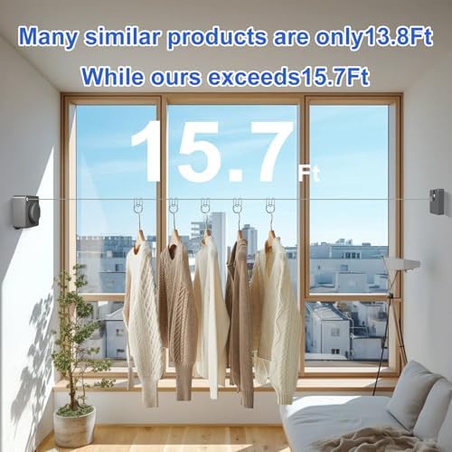 15.7Ft Retractable Clothesline Indoor Outdoor is Also an Anti-sag Clothes line for Indoors, Stainless Steel Wire Retractable Laundry Line for Drying Clothes, with 10 Windproof Clips (Gray) - Image 3
