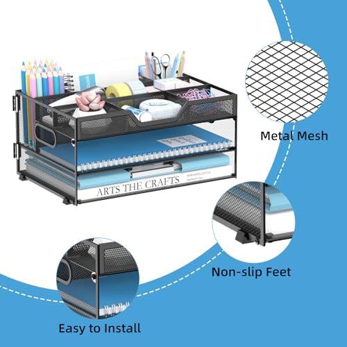 DALTACK 3 Tier Desk Organizer with Pen Holders and Paper Trays, Black - Image 5