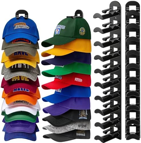 Hat Hook for Wall, 2 Pack Hat Organizer Hold up to 20 Hats,Hat Holder with Strong Adhesive and 8 Pack Screws, Cap Holder Hat Hangers for Wall Closet Door and Bedroom(B-Black) by Hatisan