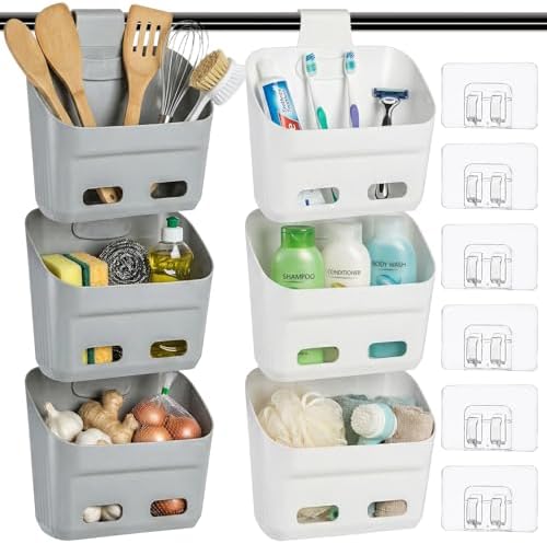 Eorbow 6 Pack Plastic Hanging Storage Basket, Over the Door Cabinet Shower Caddy, Stackable Kitchen Organizer Wall Mount with Detachable Hook, Shelf Bins with Draining Hole for Bathroom Pantry Closet by Eorbow