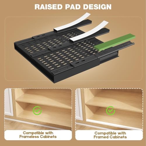 Seinloes Pull Out Cabinet Organizer, 4-Side Expandable to Fit Most Cabinets, 3 Rail Slide Out Drawers with Raising Pad for Framed & Frameless Cabinets, 13"-21" W x 17"-24" D, Black, 4 Pack - Image 4