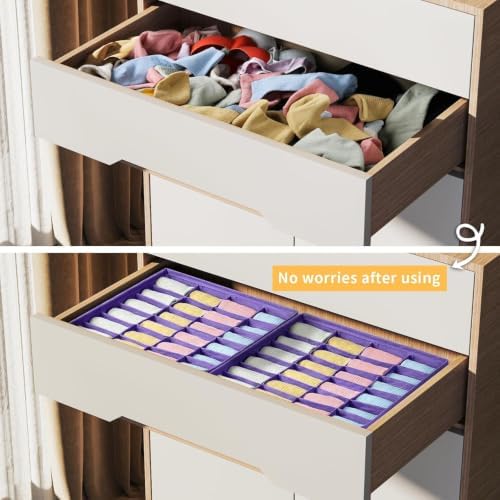 Sock Organizer 4 Pack, 24 Cell Underwear Organizer Foldable Underwear Storage, Sock and Underwear Drawer Organizer for Socks Ties Underwear Belts. Purple - Image 3