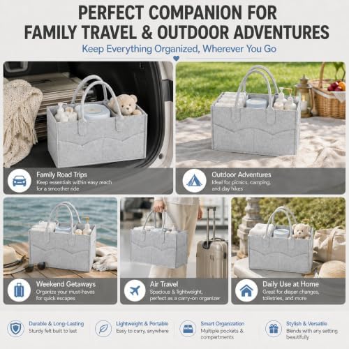 PandaEar Baby Diaper Caddy Organizer, Portable Diaper Holder Organizer Nursery Storage Basket for Wipes & baby stuff, Collapsible Baby Organizer with Divided Design (Grey) - Image 2