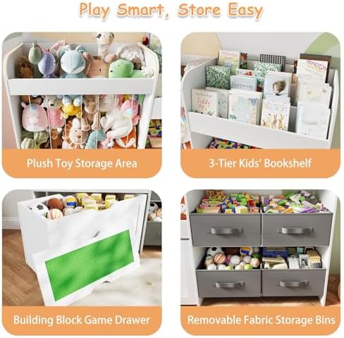 51.1" W Large Toy Storage Organizer with Stuffed Animal Storage, Kids Bookshelf with 4 Removable Toy Bins, Movable Toy Box with Buildable Baseplate Lid for Bricks, Ideal for Kids Room Playroom Bedroom - Image 5
